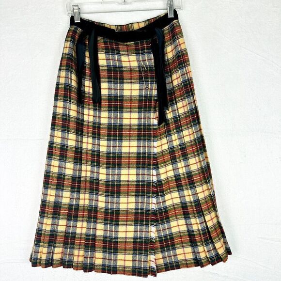 Cullinane Vintage Tartan Plaid Pleated True Wrap Wool Midi Skirt Size 10 - Picture 1 of 6